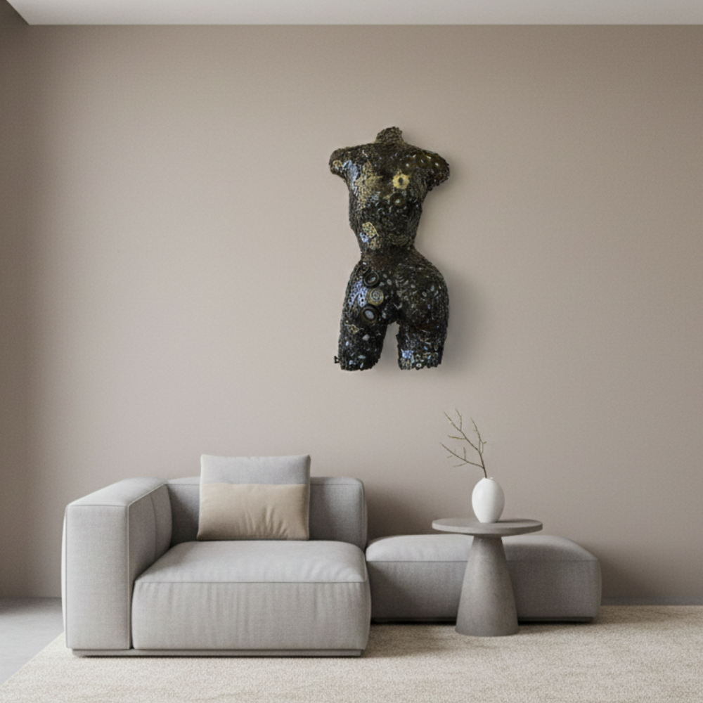 Buste sculpture femme en métal recyclé | sculpture artisanale décorative | 77 × 43 × 18 cm | pièce de caractère | installation simple