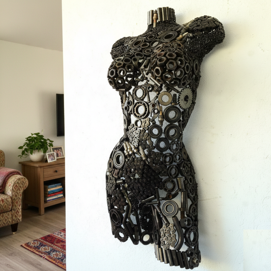 Buste sculpture femme en métal recyclé | sculpture artisanale décorative | 79 × 42 × 20 cm | pièce unique écoresponsable | art métal fait main