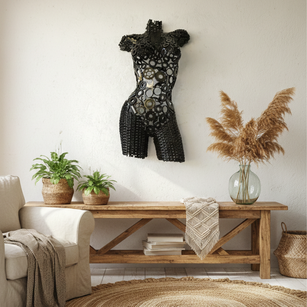 Buste sculpture femme en métal recyclé | sculpture artisanale décorative | 79 × 43 × 21 cm | pièce unique écoresponsable | installation simple