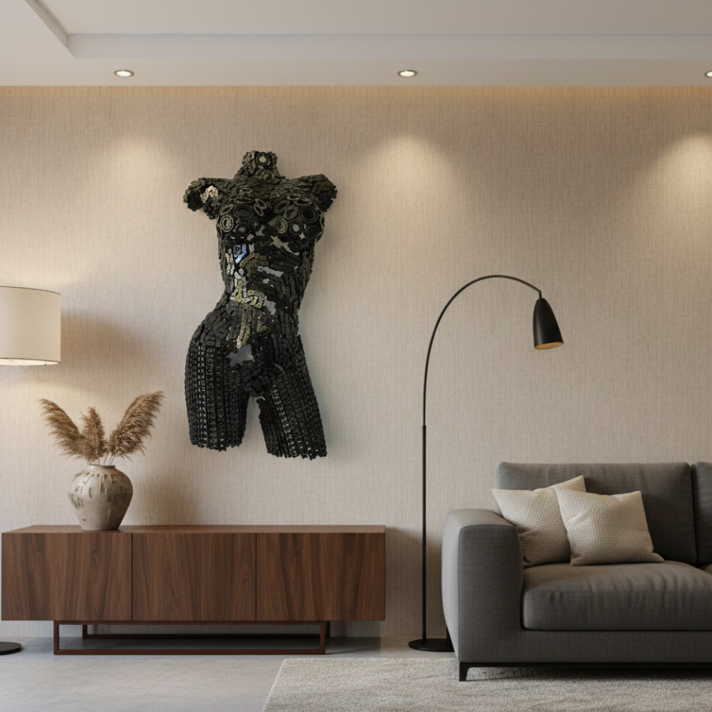 Buste sculpture femme en métal recyclé | sculpture artisanale décorative | 80 × 42 × 20 cm | pièce de caractère | installation simple