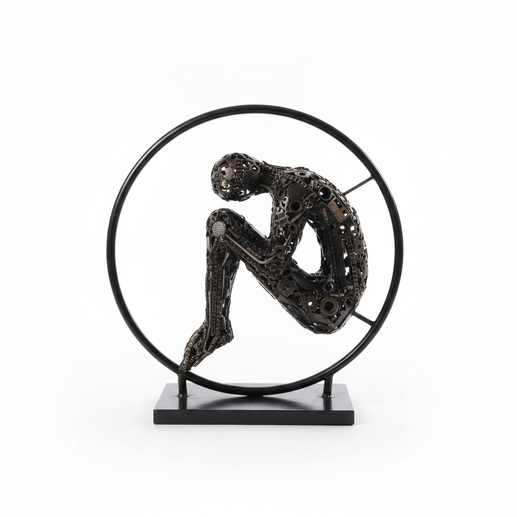 Sculpture en Métal – Figure Humaine Assise